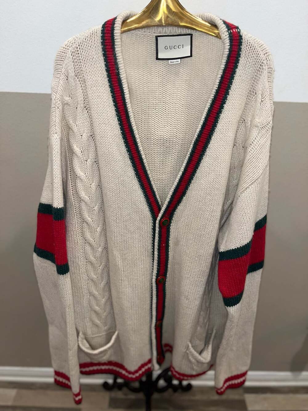 Gucci Wool Web Stripe Cable Knit Cardigan